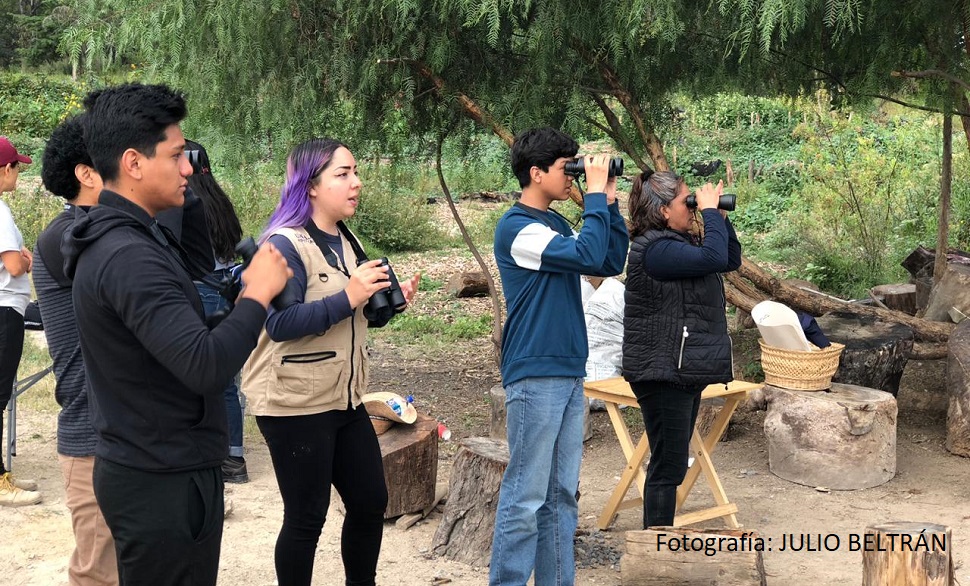 grupo de jóvenes observando aves con binoculares en el parque nacional los remedios