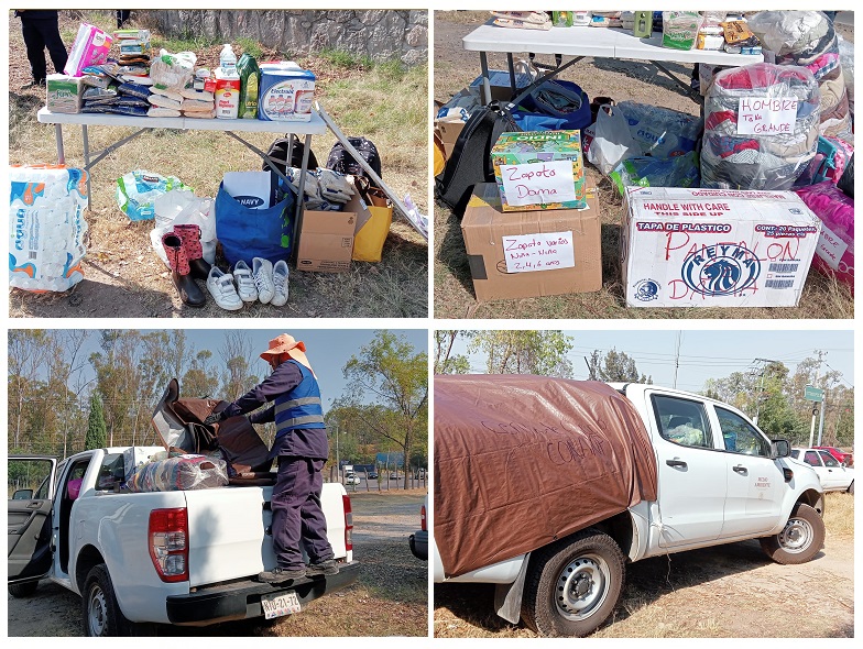 conjunto de imágenes con bolsas llenas de ropa y víveres de ayuda para acapulco. camioneta de conanp preparada para llevar la ayuda a guerrero.arque nacional los remediosacional los remedios